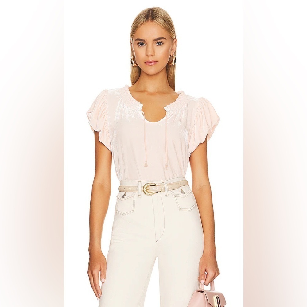 Free People Terese Velvet Top XS velour light pink ruffle puff smock Tee